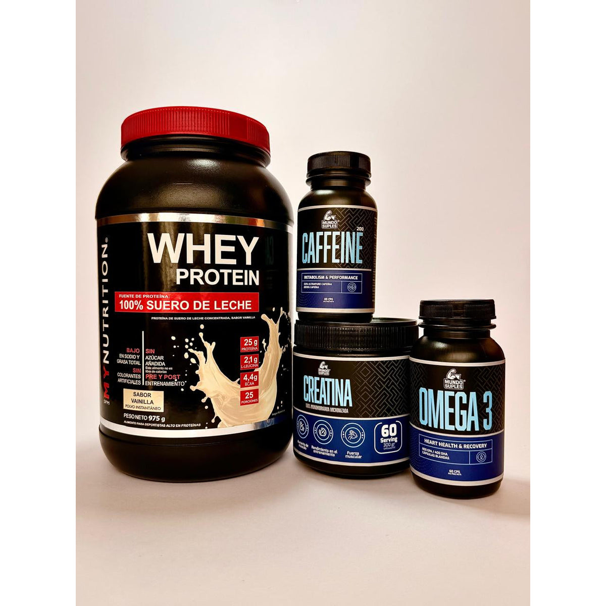 Pack Músculo y Energía - Whey Protein + Creatina + Cafeína + Omega 3