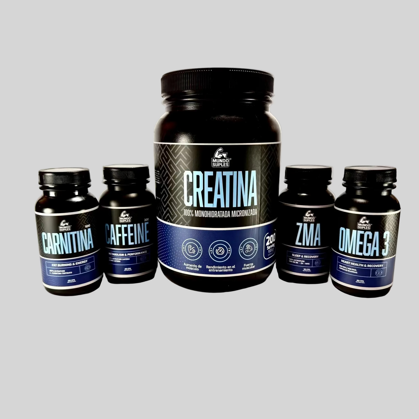 Pack Rendimiento Integral - Creatina 1 kg + Carnitina + Cafeína + ZMA + Omega 3