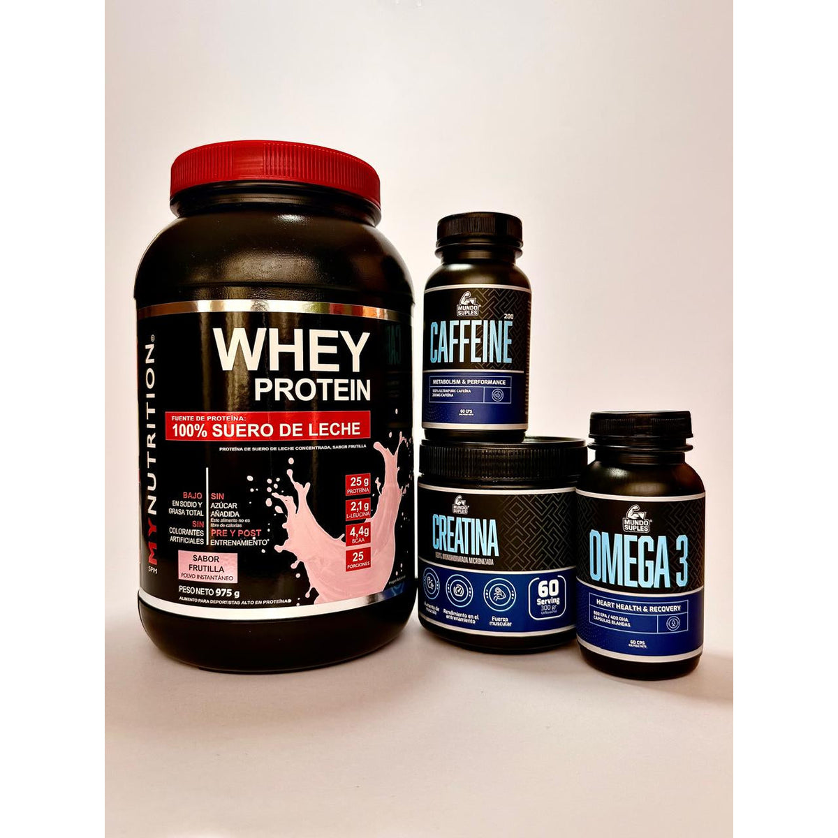 Pack Músculo y Energía - Whey Protein + Creatina + Cafeína + Omega 3