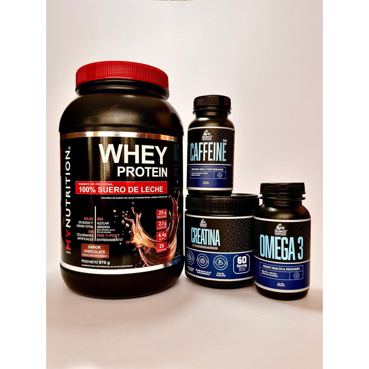 Pack Músculo y Energía - Whey Protein + Creatina + Cafeína + Omega 3